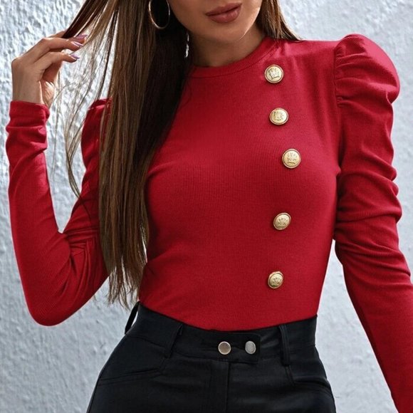 Monarch Fashion Tops - Red Gold Button Front Gigot Sleeve Pullover Top